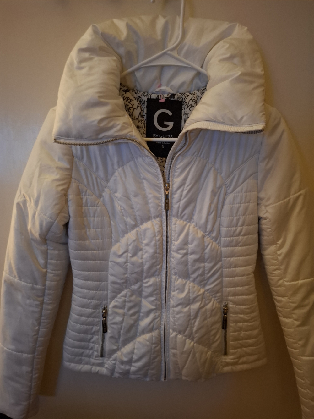 Guess Cream Quilted Puffer Jacket with Funnel Collar